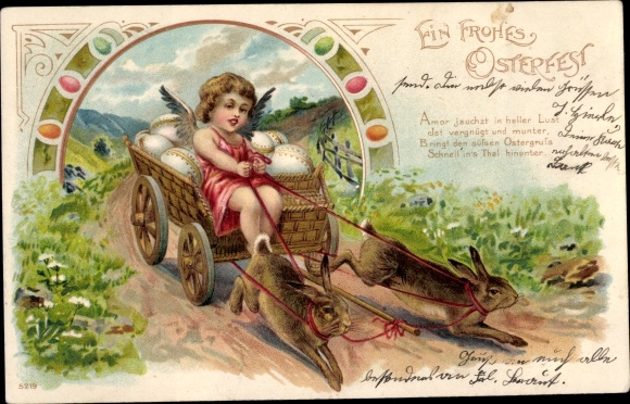 Litho Glückwunsch Ostern, Engel, Osterhasen, Eier, Fuhrwerk