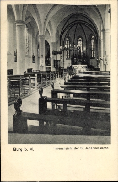 Postcard Burg near Magdeburg, interior view of St. John's Church, wooden benches, windows, Gothic architecture