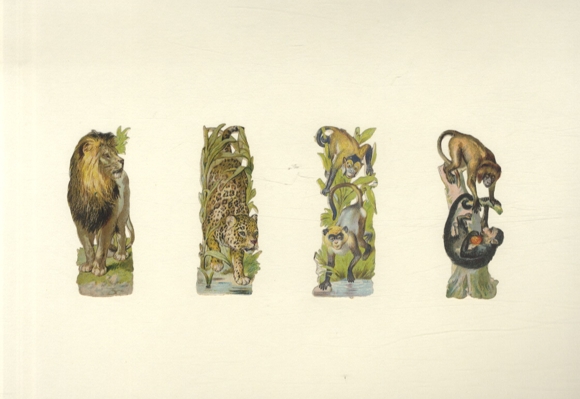4 Oblaten wilde Tiere, Löwe, Tiger, Affen, je ca. 9 x 3,5 cm
