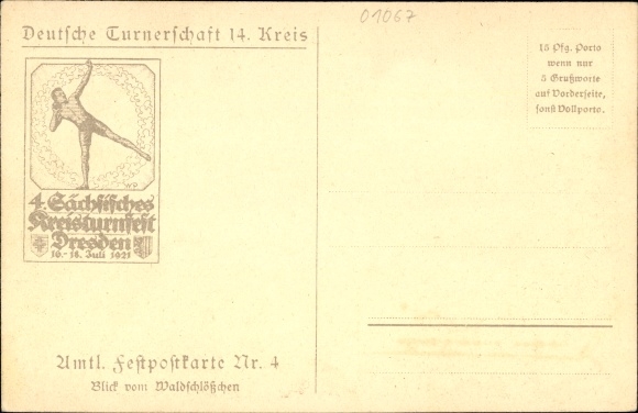 Coat of arms artist Postcard Dresden, 4th Saxon District Gymnastics Festival 1921, city view from the Waldschlösschen