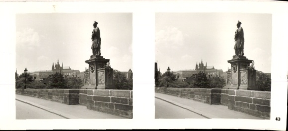 Stereo Photo Praha Prague, Vltava, Charles Bridge, statue of Saint Nepomuk