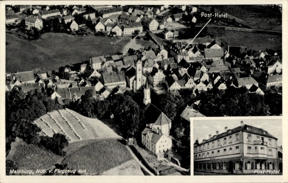Postcard Mainburg in the Hallertau Lower Bavaria, aerial photograph, Post Hotel