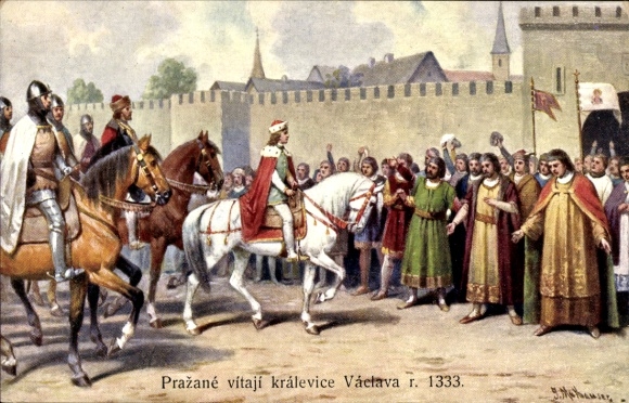 Artist Postcard Mathauser, J., Prazane vitaji kralevice Vaclava r. 1333