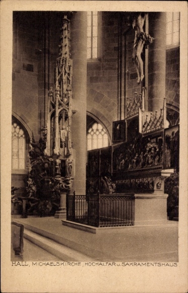 Postcard Schwäbisch Hall in Württemberg, Michaelskirche, high altar, sacrament house, depiction