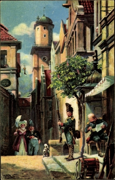Artist Postcard Spitzweg, Carl, He is coming, soldiers
