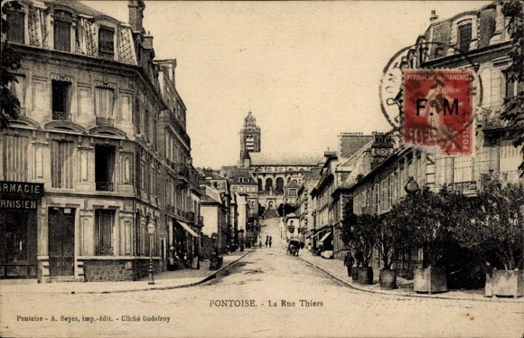 PC Pontoise Val d'Oise, street, houses, clock tower, postmark, black and white retro look