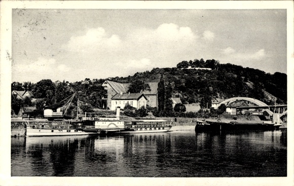 Postcard Vlotho on the Weser, overview of the harbor, ships, Amthausberg, forests, clouds