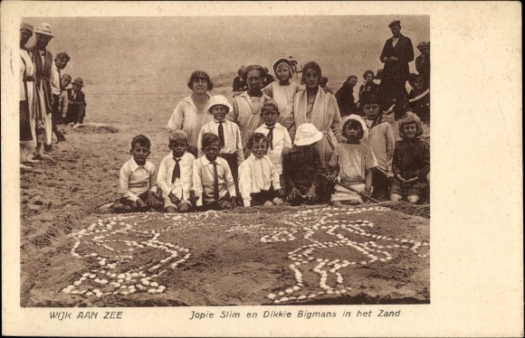 Postcard Wijk aan Zee Beverwijk North Holland, Children on the Beach, Sandbild Jopie Slim, Dikkie Bigmans