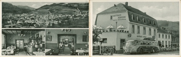 Klapp Postcard Irrel in the Eifel, inn and pension Schilt, panorama, bus, interior view