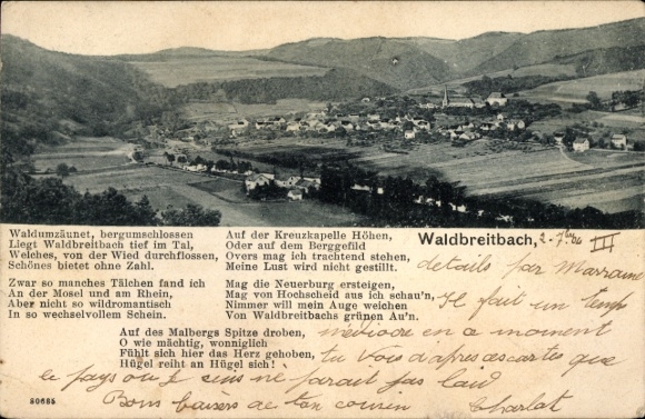 KP Waldbreitbach an der Wied, otoczony lasem, otoczony górami, Waldbreitbach w głębi doliny, Kreuzka...