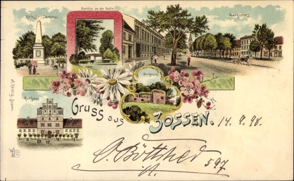 Chromo-Litho Zossen in Brandenburg, market square, war memorial, castle ruins, town hall