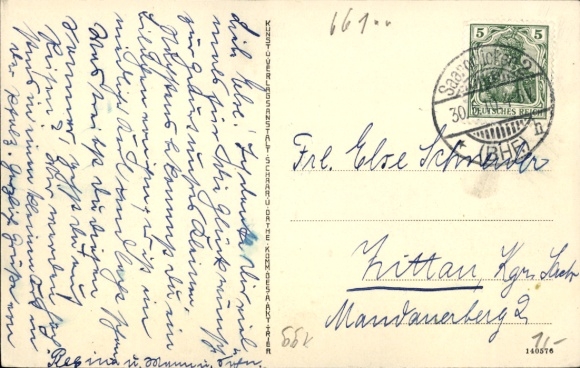 Postcard Saarbrücken, view of the Spicherer Heights, women in dresses