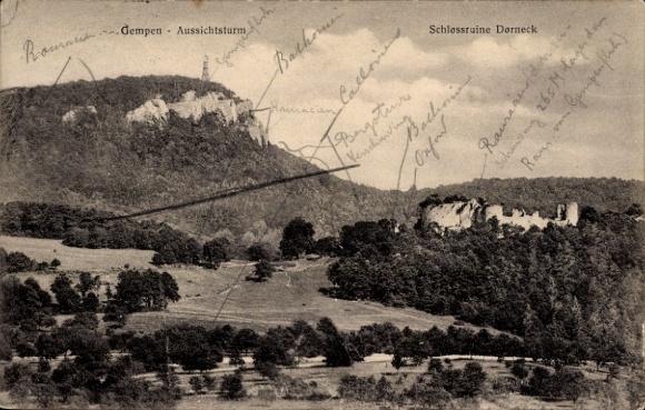Postcard Gempen Canton Solothurn, observation tower castle ruins Dorneck, landscape