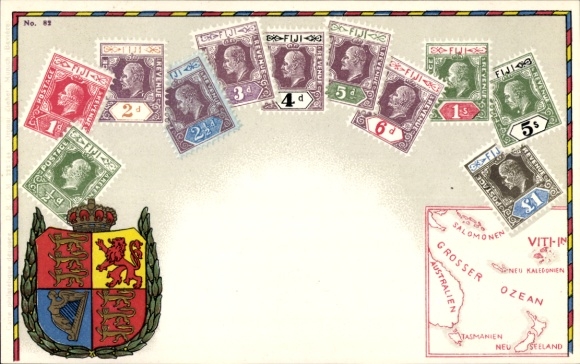 Stamps Coat of Arms Chromo-Litho Fiji, Map, Postage Revenue