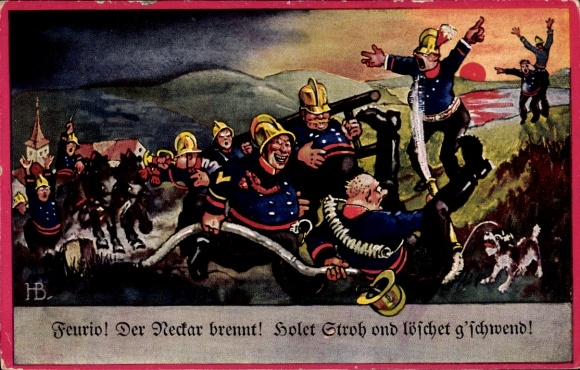 Artist Postcard Boettcher, H., Feurio, the Neckar is burning, fire brigade, sunset