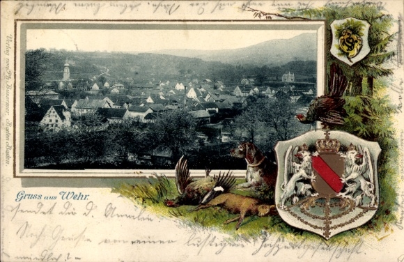 Embossed passepartout coat of arms Postcard Wehr in Baden, overall view