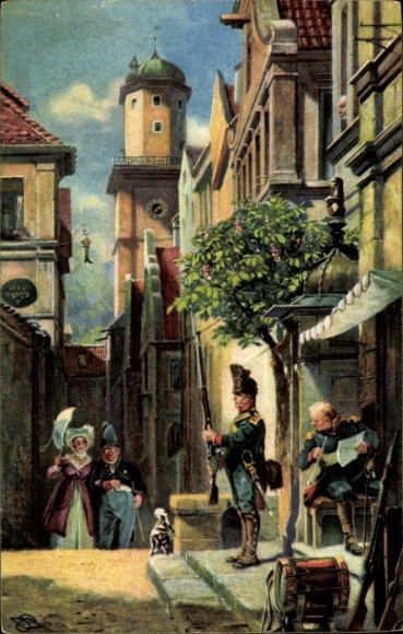 Artist Postcard Spitzweg, Carl, He is coming, soldiers