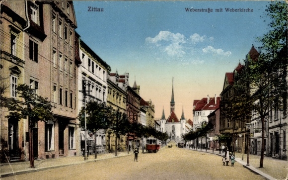 Ak Zittau in Sachsen,  Weberstraße, Weberkirche, Straßenbahn