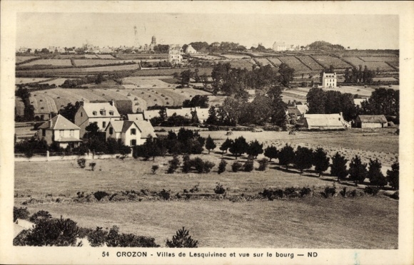 Postcard Crozon Finistère, villas of Lesquiniec, view of the village, landscape, buildings