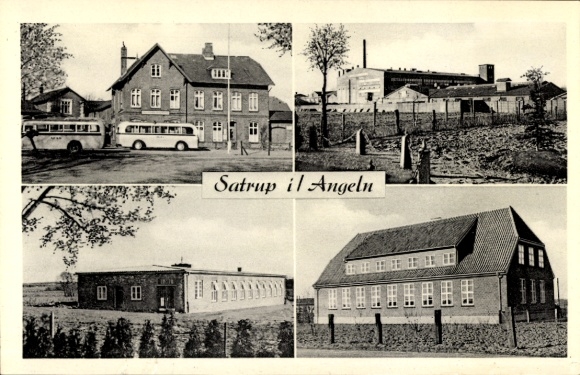 Ak Satrup in Angeln, Bahnhof, Busse, Fabrik, Teilansichten