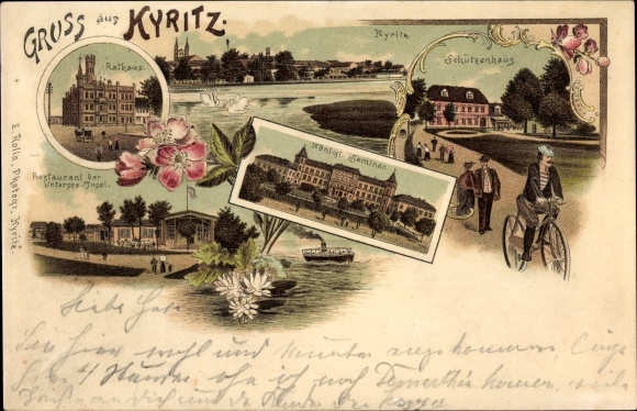 Chromo-Litho Kyritz in the Prignitz, Schützenhaus, cyclists, seminar, town hall, restaurant