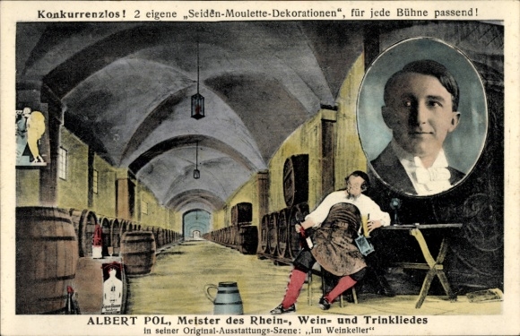 Postcard Albert Pol, Master of the Rhine, Wine and Drinking Song, In the Wine Cellar