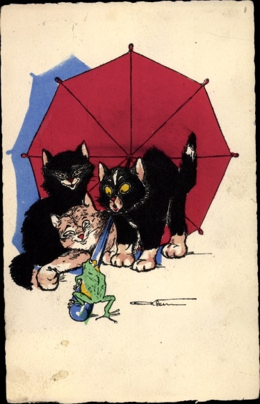 Artist Ak, 3 cats, umbrella, frog