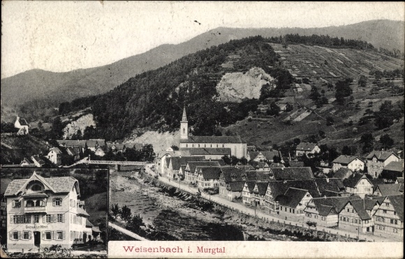 Postcard Weisenbach in Baden Württemberg, Inn zum Hirsch, owner J. Hürst, church, river