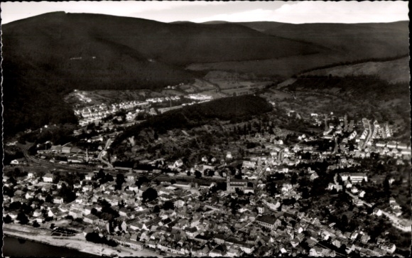 Postcard Eberbach am Neckar Odenwald Baden, aerial view of Eberbach, river and mountains in the background