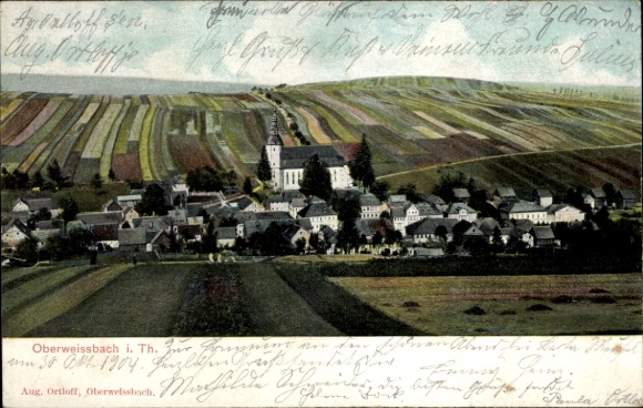 Postcard Oberweissbach in the Thuringian Forest, panoramic view of vineyards in the background, architecture
