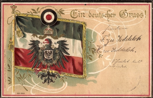 Embossed Coat of Arms Chromo-Litho A German salute, imperial flag, Prussian eagle