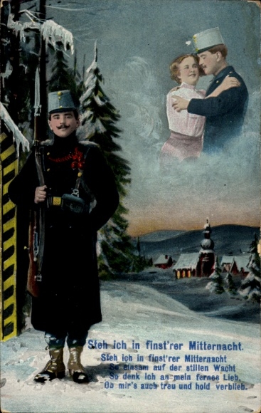 Postcard When I stand in the dark midnight, I think of my distant love, soldier, sentry, bayonet