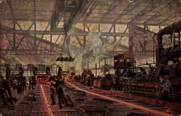 Kunstenaars Ak Essen in het Ruhrgebied, Friedr. Krupp AG, Friedrich-Alfred Hütte, spoorwalserij