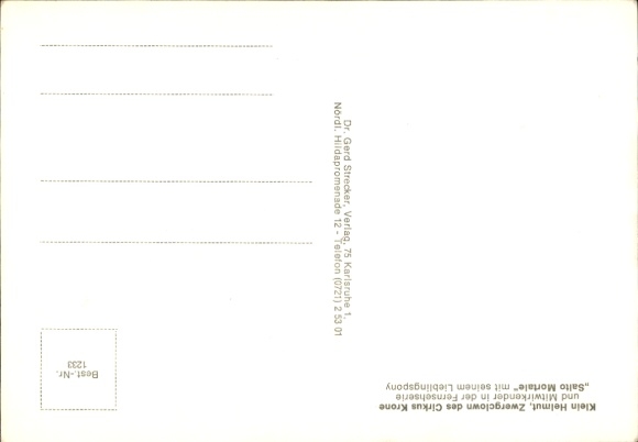 Postcard Klein Helmut, dwarf clown of the Krone circus, Salto Mortale, favorite pony