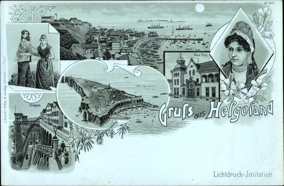 Moonlight Chromo-Litho North Sea island of Helgoland, costumes, total view, harbor, stairs, elevator