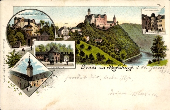 Chromo-Litho Rochsburg Lunzenau in Saxony, Thorhaus, Castle, Powder Tower, Staircase