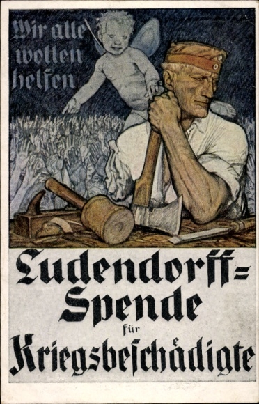 Artist Postcard Ludendorff donation for war invalids, amputee soldier as carpenter