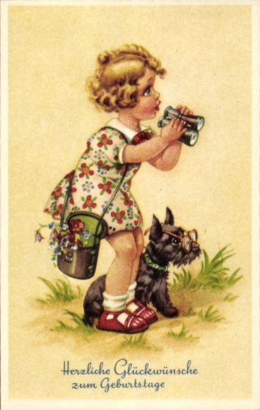 Happy Birthday, Girl with Binoculars, Terrier