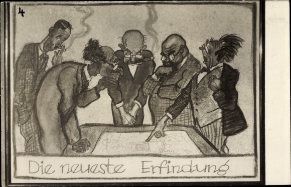 Postcard The latest invention, smoking men look at technical drawing