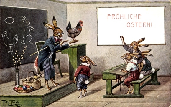 Künstler Ak Thiele, Arthur, Glückwunsch Ostern, Osterhasen in der Schule, Huhn