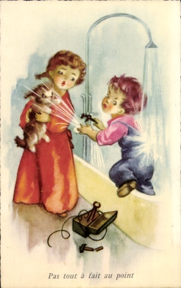 Postcard Boy tries to fix the shower and splashes cat
