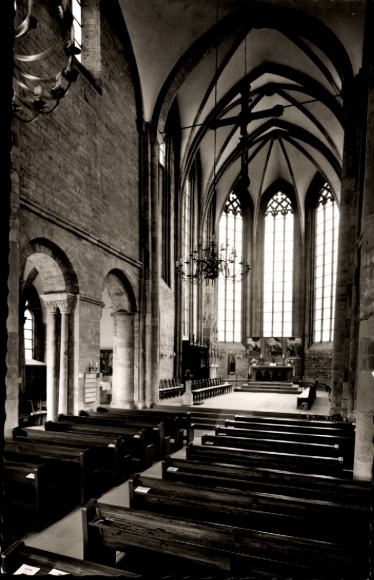 Postcard Dortmund in the Ruhr area, interior view of St. Mary's Church, Gothic architecture, wooden pulpit