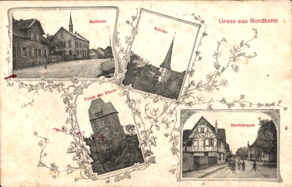 Postcard Nordheim am Neckar, town hall, church, ferry tower, village street