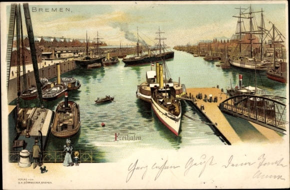 Chromo-Litho Hanseatic City of Bremen, free port, sailing ship, steamer