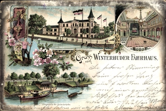 litho Hamburg Nord Winterhude, veerhuis Winterhuder, hal, pier voor de Alster-stoomboot