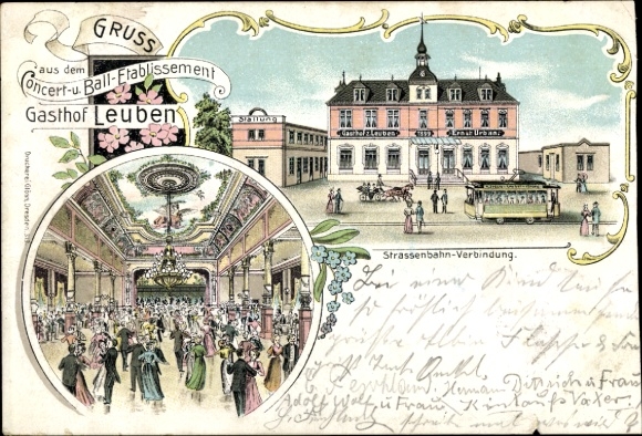 litho Dresden Leuben, concert- en baletablissement Gasthof Leuben, tram