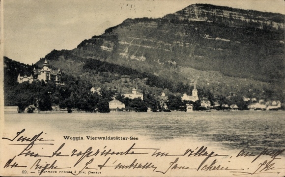 Postcard Weggis Canton of Lucerne Switzerland, view from Lake Lucerne to the city, church