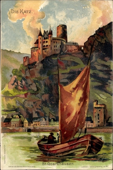Artist Chromo-Litho Sankt Goarshausen am Rhein, Katz Castle, sailing boat