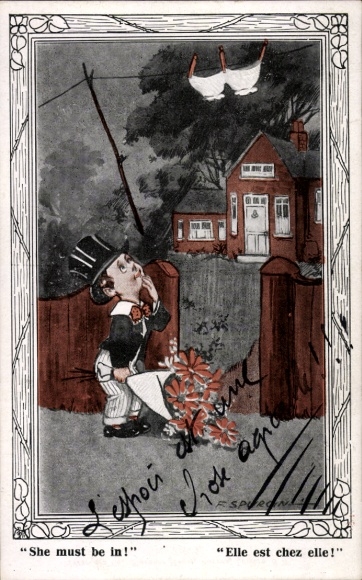 Artist Postcard Spurgin, Fred, Man with bouquet of flowers, underwear