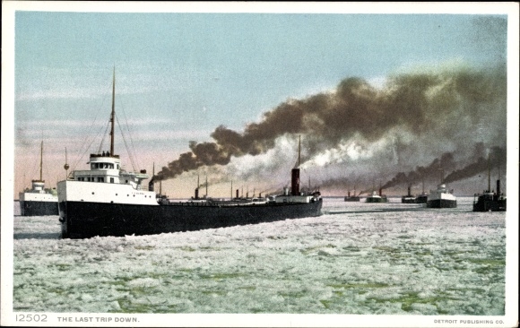 Postcard river steamers, cargo ships in winter
